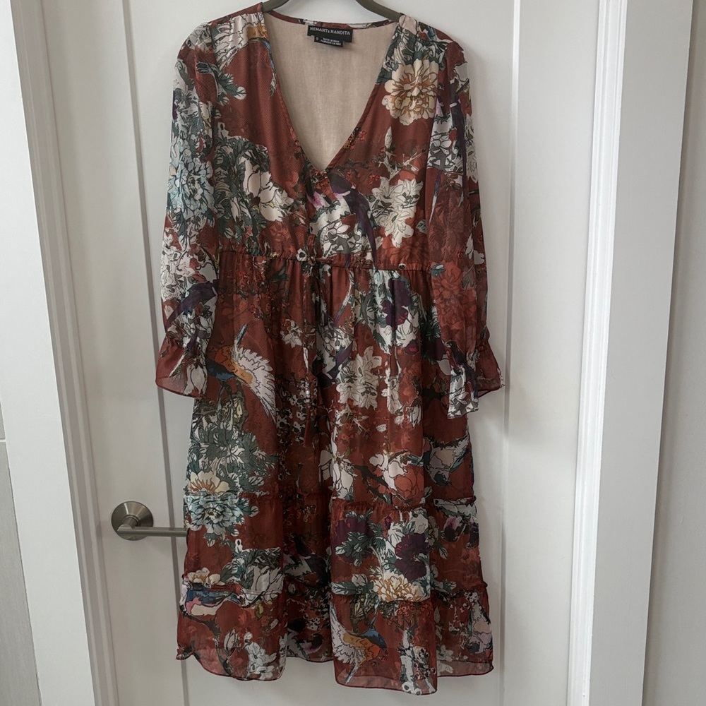 HEMANT & NANDITA Rust Floral Long Sleeve Dress from Anthropologie.